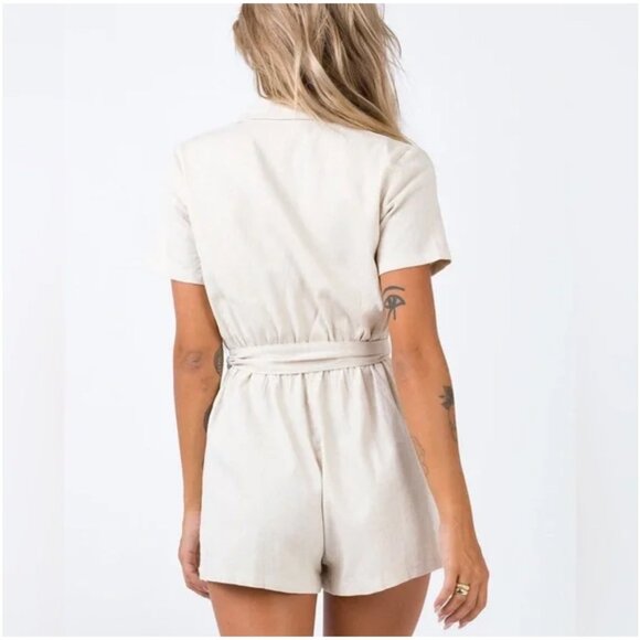 Princess Polly Deep V Croquette Playsuit Romper Collared Belted Neutral Beige 0 - Picture 7 of 16